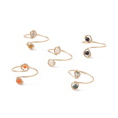 Round Natural Gemstone Braided Open Cuff Ring RJEW-JR00503-1