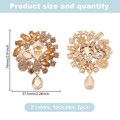 2Pcs 2 Colors Flower with Teardrop Zinc Alloy Rhinestone Brooch JEWB-GO0001-14-1