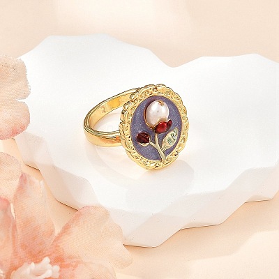 Flower Pattern Brass Enamel & Natural Freshwater Pearl Open Cuff Rings for Women RJEW-G342-01G-02-1