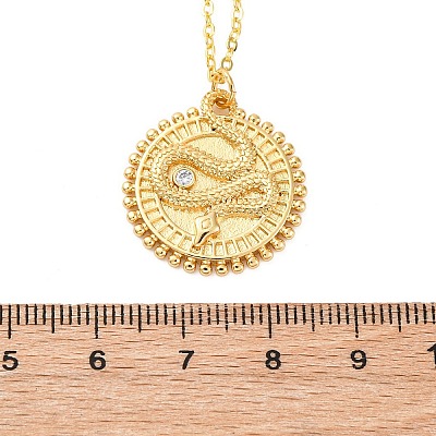 Brass Micro Pave Clear Cubic Zirconia Flat Round with Snake Pendant Necklaces NJEW-S438-02A-G-1
