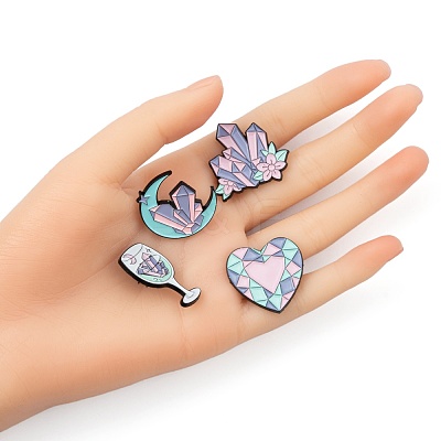 4Pcs 4 Style Heart & Flower & Moon & Wine Glass Enamel Pin JEWB-FS0001-04-1