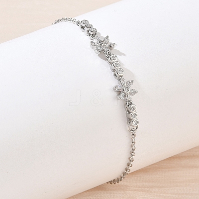 Brass Pave Clear Cubic Zirconia Flower Link Bracelets KK-CBA6980-24P-1