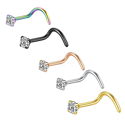 304 Stainless Steel Micro Pave Clear Cubic Zirconia Flat Round Fishtail Nose Rings WG924B3-02-1