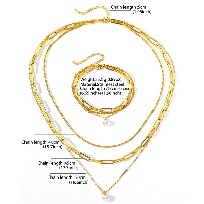 3-Layer 304 Stainless Steel Oval Link Chain Necklaces & Bracelets Sets FS-WGE493C-01-1