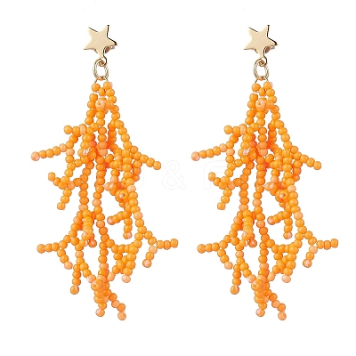 Star with Coral Handmade Glass Seed Beads Tassel Stud Earrings EJEW-MZ00472-02-1