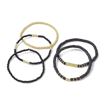 5Pcs 5 Style Polymer Clay Disc & Synthetic Hematite & Seed Beaded Stretch Bracelets Set BJEW-JB09685-02-1
