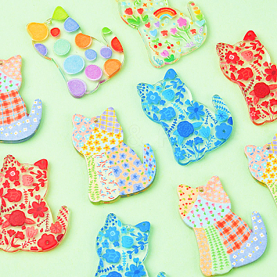 12Pcs 6 Styles Printed Transparent Acrylic Pendants MACR-CJ0001-47-1