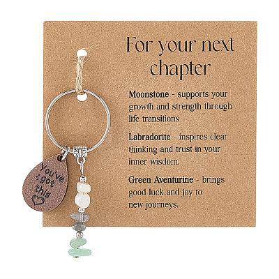 5Pcs Natural Chrysoprase Chip Bead with Wood Teardrop Pendant Keychain KEYC-FG00007-1