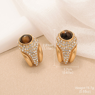 Alloy & Natural Tiger Eye & Clear Cubic Zirconia Stud Earrings FS-WGA185A-03-1