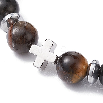 Natural Tiger Eye & Obsidian Round & Brass Cross Braided Bead Bracelets BJEW-JB09704-02-1