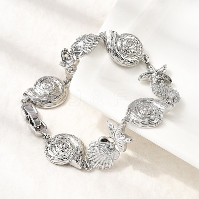 Summer Beach Brass Micro Pave Clear Cubic Zirconia Starfish & Shell Shape Link Chain Bracelets BJEW-C118-02A-P-1