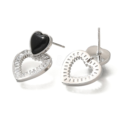 Brass Cubic Zirconia & Black Agate Stud Earrings EJEW-M048-03P-1