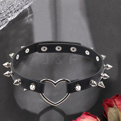 2Pcs Adjustable Gothic PU Leather Alloy Heart Spike Rivet Heart Choker Necklaces for Women NJEW-CL0001-17A-1