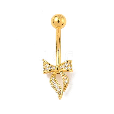 Brass Pave Clear Cubic Zirconia Curved Barbell Bowknot Belly Rings LS-AJEW-L099-01B-G-1