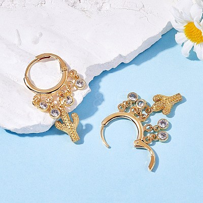 Cactus Brass Dangle Huggie Hoop Earrings EJEW-SW00001-05-1