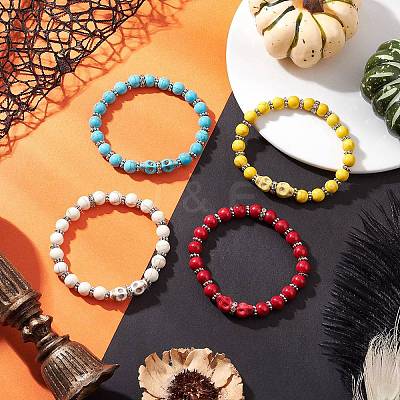 4Pcs 4 Colors Halloween Brass Crystal Rhinestone & Dyed Synthetic Turquoise Skull & Round Beaded Stretch Bracelet Sets for Men Women BJEW-JB12254-1