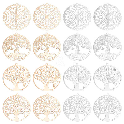 32Pcs 8 Style Rack Plating Brass Filigree Pendants KKC-BC0001-03-1