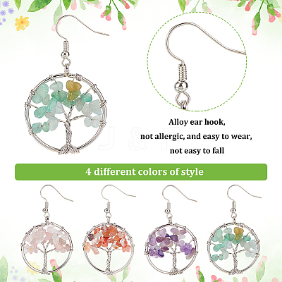 4 Pairs 4 Style Natural Mixed Gemstone Chips Tree of Life Dangle Earrings EJEW-AN0002-48-1