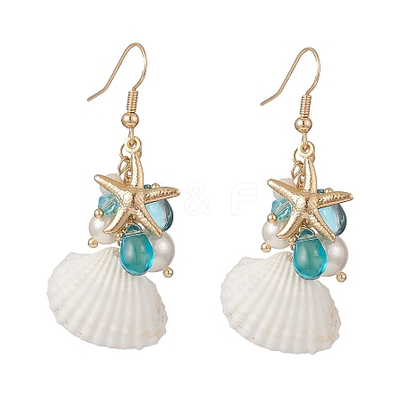 Shell Pearl & Glass & Starfish Cluster Dangle Earrings EJEW-TA00208-1