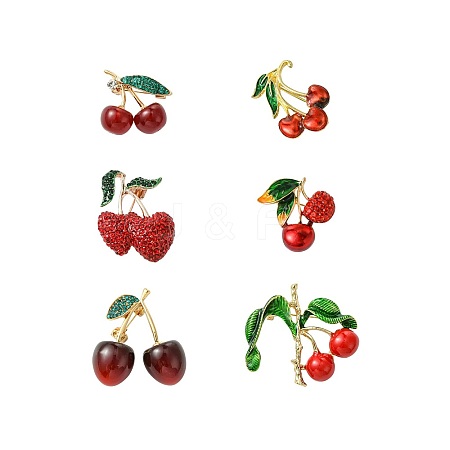 6Pcs 6 Styles 3D Resin Cherry Brooch Pin with Rhinestone JEWB-CJ0001-32-1