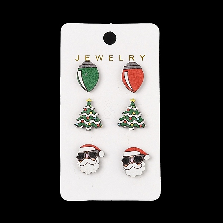 Christmas Wood Stud Steel Needle Earrings EJEW-U016-03P-03-1