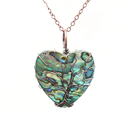 Tree Of Life Wire Wrapped Peach Heart Abalone Shell Shape Stone Pendant Necklaces PW-WG93713-04-1