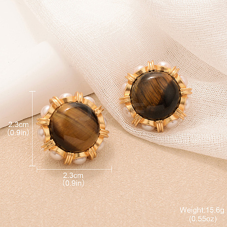 Alloy & Natural Tiger Eye & Plastic Pearl Stud Earrings FS-WGA185A-01-1
