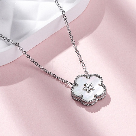 304 Stainless Steel Pave Natural White Shell Flower Pendant Necklaces for Women NJEW-U032-16P-03-1