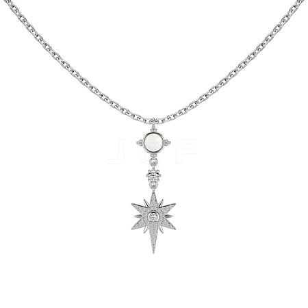 Rhodium Plated 925 Sterling Silver Pave Clear Cubic Zirconia Cable Chain Star of David Pendant Necklaces NJEW-Q342-03P-1