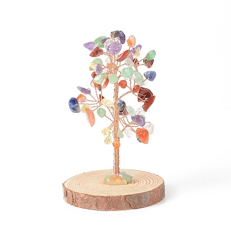 Natural Gemstone Chips with Brass Wrapped Wire Money Tree on Wood Base Display Decorations DJEW-B007-05A-1