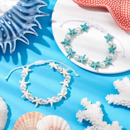 2Pcs Starfish Synthetic Turquoise & Acrylic Pearl Braided Bead Bracelets for Women BJEW-JB11263-1