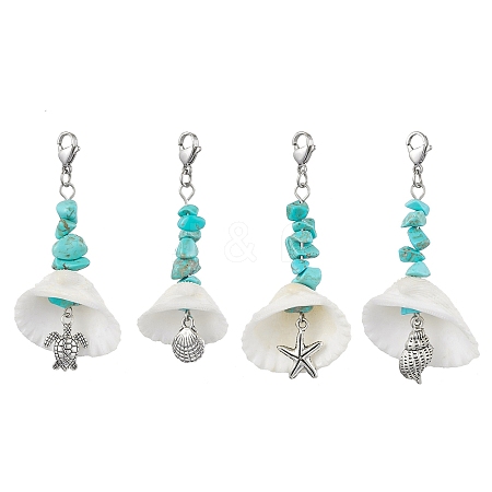 4Pcs 4 Styles Sea Animal Alloy & Natural Shell Pendant Decorations HJEW-JM02014-1