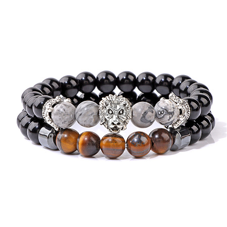 Natural Map Stone & Tiger Eye & Obsidian & Synthetic Hematite Stretch Bead Stretch Bracelets IO9425-5-1