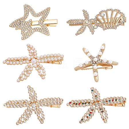 6Pcs 6 Styles Starfish Rhinestone Alligator Hair Clips PHAR-PH0001-18-1