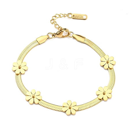 PVD Vacuum Plating 304 Stainless Steel Flower Link Bracelet with Herringbone Chains for Girl Women BJEW-Z016-02G-1