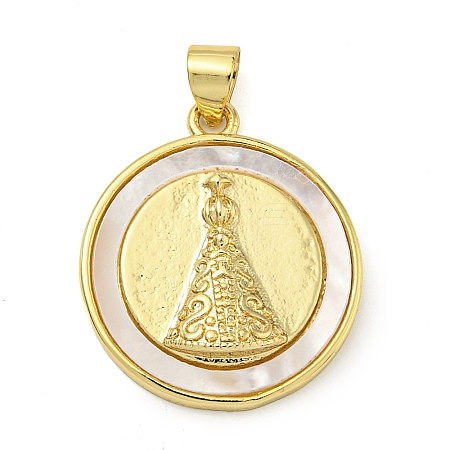 Rack Plating Brass Pave Shell Flat Round Pendants KK-Z063-11G-02-1