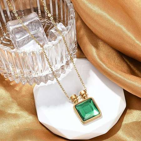 Square 304 Stainless Steel Green Glass Pendant Necklaces NJEW-L157-07G-1