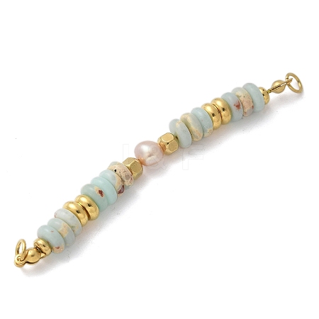 Natural Shoushan Stone & Plastic Imitation Pearl Disc Beaded Connector Charms/Links STAS-L277-11G-02-1