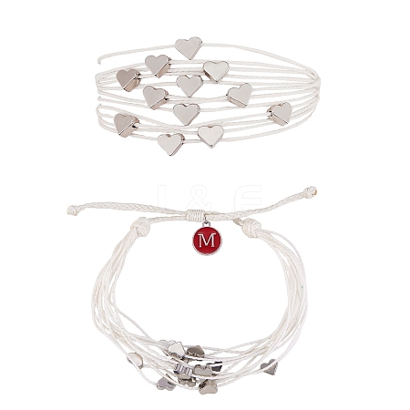 Multi String Cord Bracelet with Initial Letter M Charm BJEW-SW00042-05-1