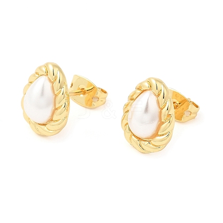 Brass Teardrop Stud Earrings with Plastic Pearl Beaded EJEW-K251-15G-1