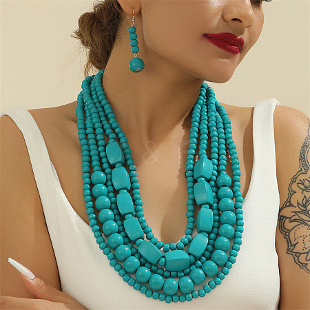 Wood Beaded Multilayer Necklaces & Dangle Earrings Sets WG1A9CE-03-1
