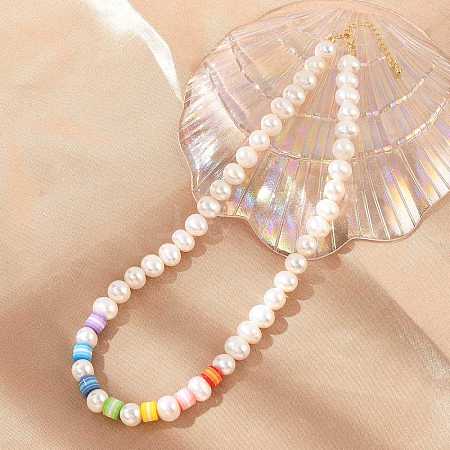 Natural Pearl & Acrylic Column Beaded Necklaces NJEW-C070-03-1