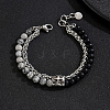 Natural Map Stone and Frosted Obsidian Round Beaded 2-Strand Bracelets with 201 Stainless Steel Wheat Chains for Men Women NT5911-1-1