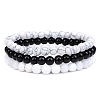 3Pcs 3 Style Natural Howlite & Black Agate & Quartz Crystal Round Beaded Stretch Bracelets Set PW23030760813-1