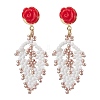 Rose with Leaf Seed Beads Stud Earrings EJEW-MZ00222-02-1