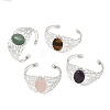 Oval Natural Mixed Stone Brass Hollow Floral Cuff Bangles for Women BJEW-JB14504-3