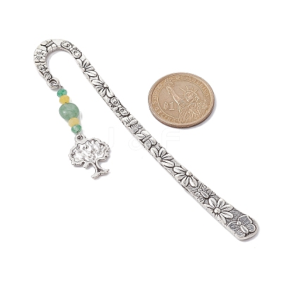 Natural Malaysia Jade & Green Aventurine Beaded Pendant Bookmarks with Alloy Tree of Life AJEW-JK00255-1