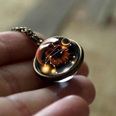 Double Glass Round with Constellation Pendant Alloy Chain Necklaces WG188F6-07-1