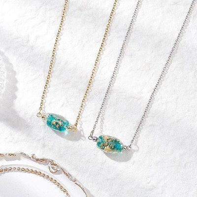 2Pcs 2 Colors Handmade Gold Sand Lampwork Oval Pendant 304 Stainless Steel Cable Chain Necklaces NJEW-JN05375-1