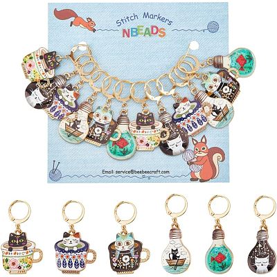 12Pcs 6 Colors Alloy Enamel Cat Charm Locking Stitch Markers HJEW-PH01531-1